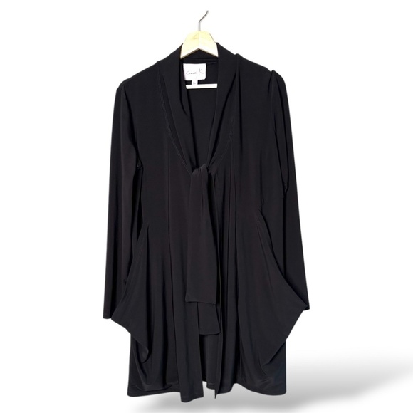 COMPLI K Black Slinky Knit Lagenlook Cardigan Tie Close Draped Pockets US Sz M - Picture 1 of 8